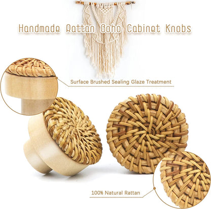 Set 10 Stück Rattan Möbelknöpfe, Holz Kommodenknöpfe, Natur, Weiß, Holz Schrankknöpfe Schubladenknöpfe - werkzeug-online24
